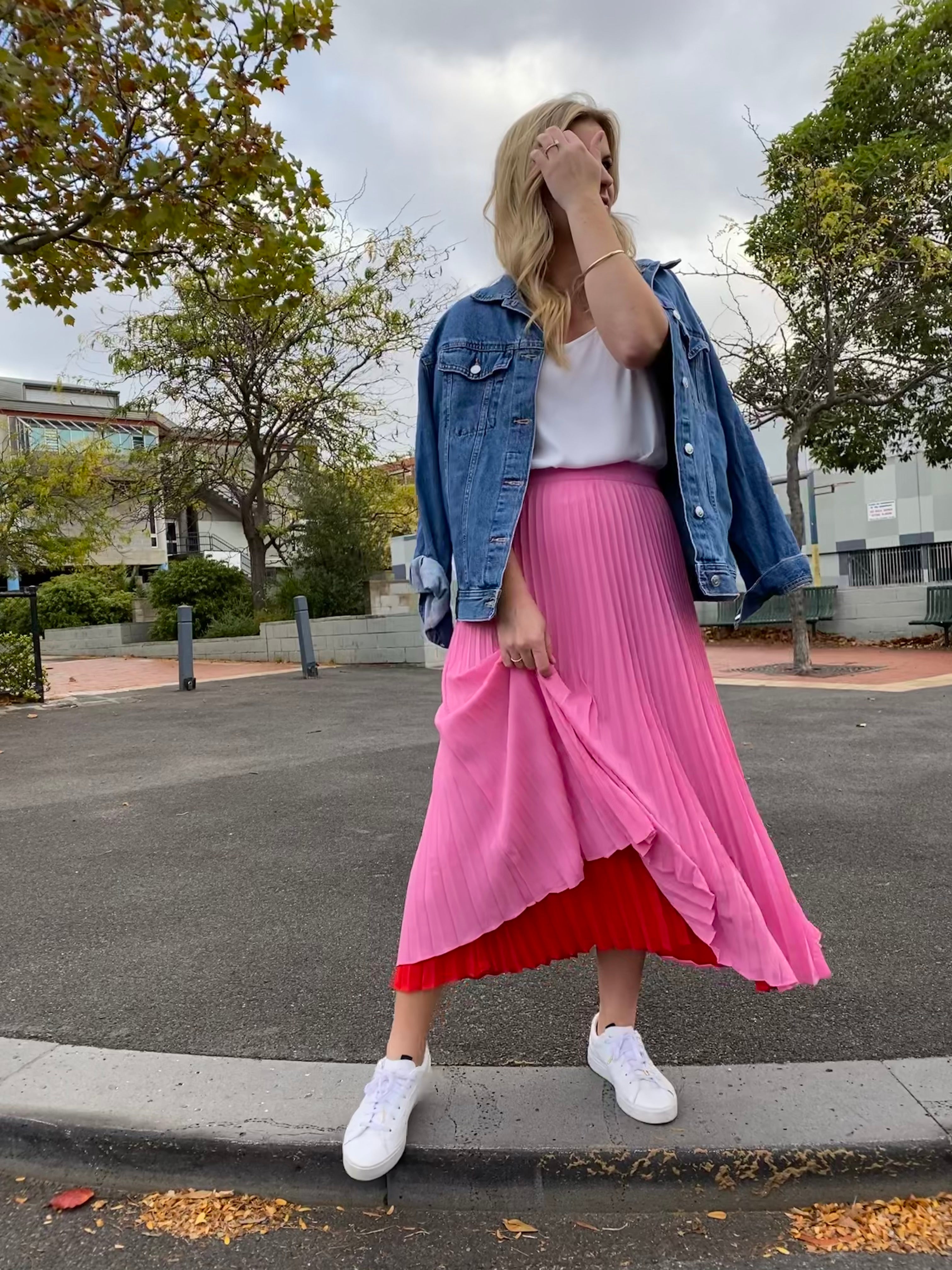 Red and Pastel Pink Pleated Skirt - Main Image