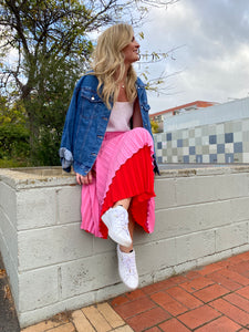 Red and Pastel Pink Pleated Skirt