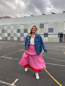 Red and Pastel Pink Pleated Skirt