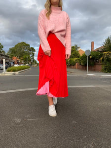 Red and Pastel Pink Pleated Skirt