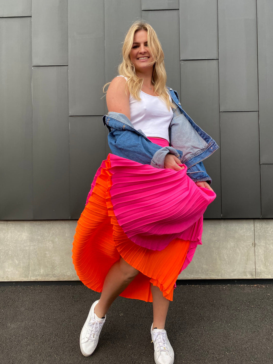 Hot Pink and Bright Orange Pleated Skirt One Eighty Clothing